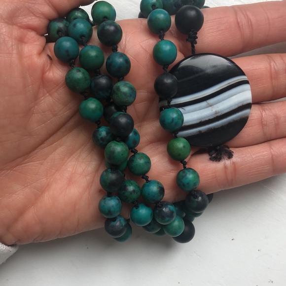 Gemstone Mala Necklace with Chrysocolla, Black Onyx, Black Sardonix - Picture 3 of 3